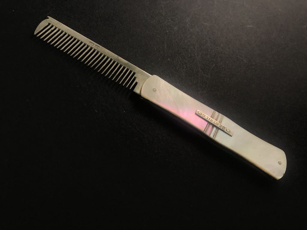 Silver dog comb with iridescent mother-of-pearl handle by John & Joseph Storr - Image 2